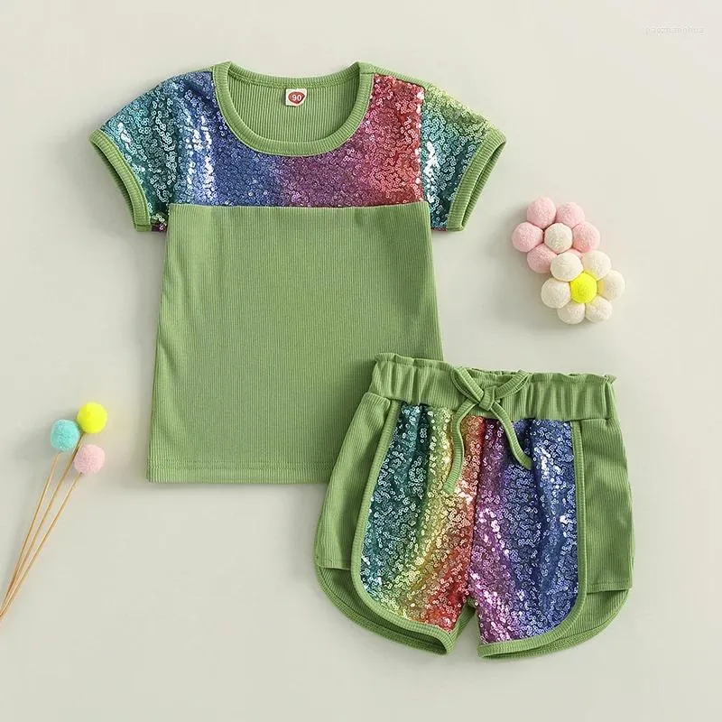 衣類セット2〜7歳の子供の女の子の服セット2024夏のグリッタースパンコール半袖Tシャツフロントタイのショートパンツ子供