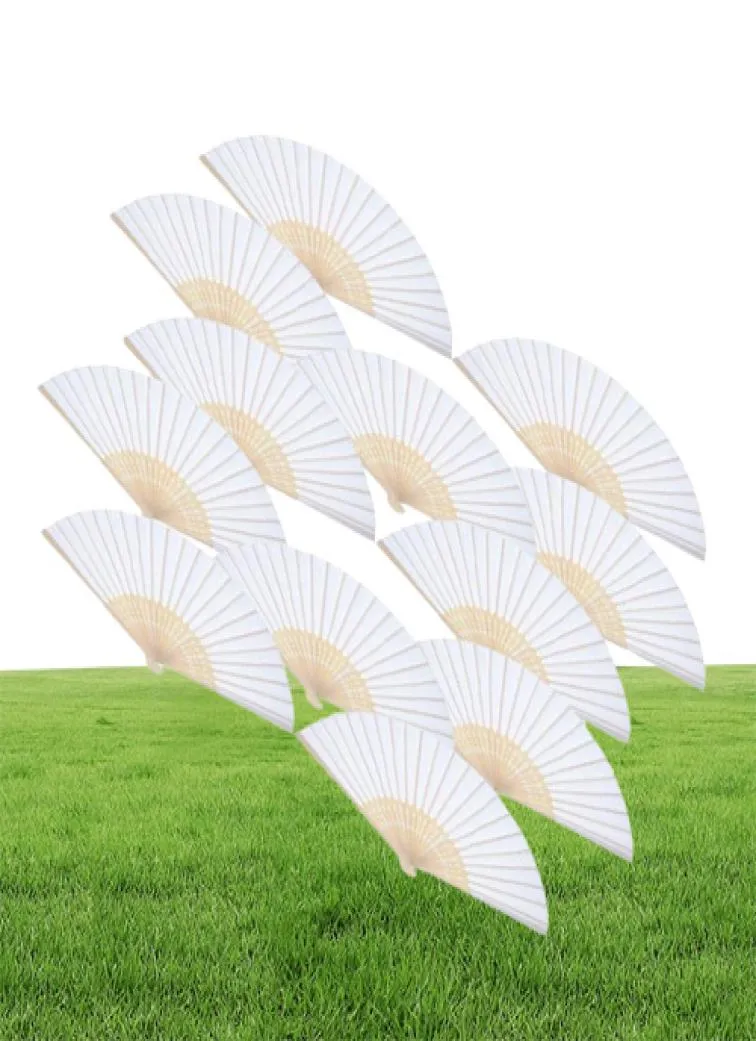 12 Pack Hand Håller fans White Paper Fan Bamboo Folding Fans Handheld Folded Fan For Church Wedding Present Party Favors Diy8421422