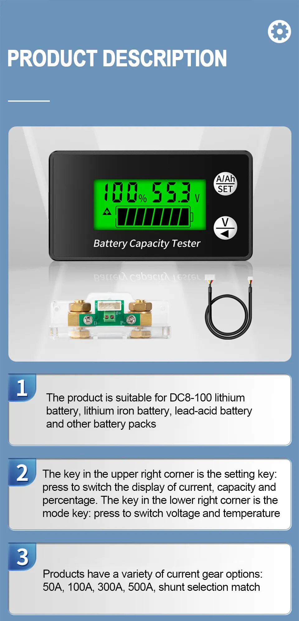 DC 8-100V Coulomb Counter Meter Battery Capacity Indicator Voltage ...