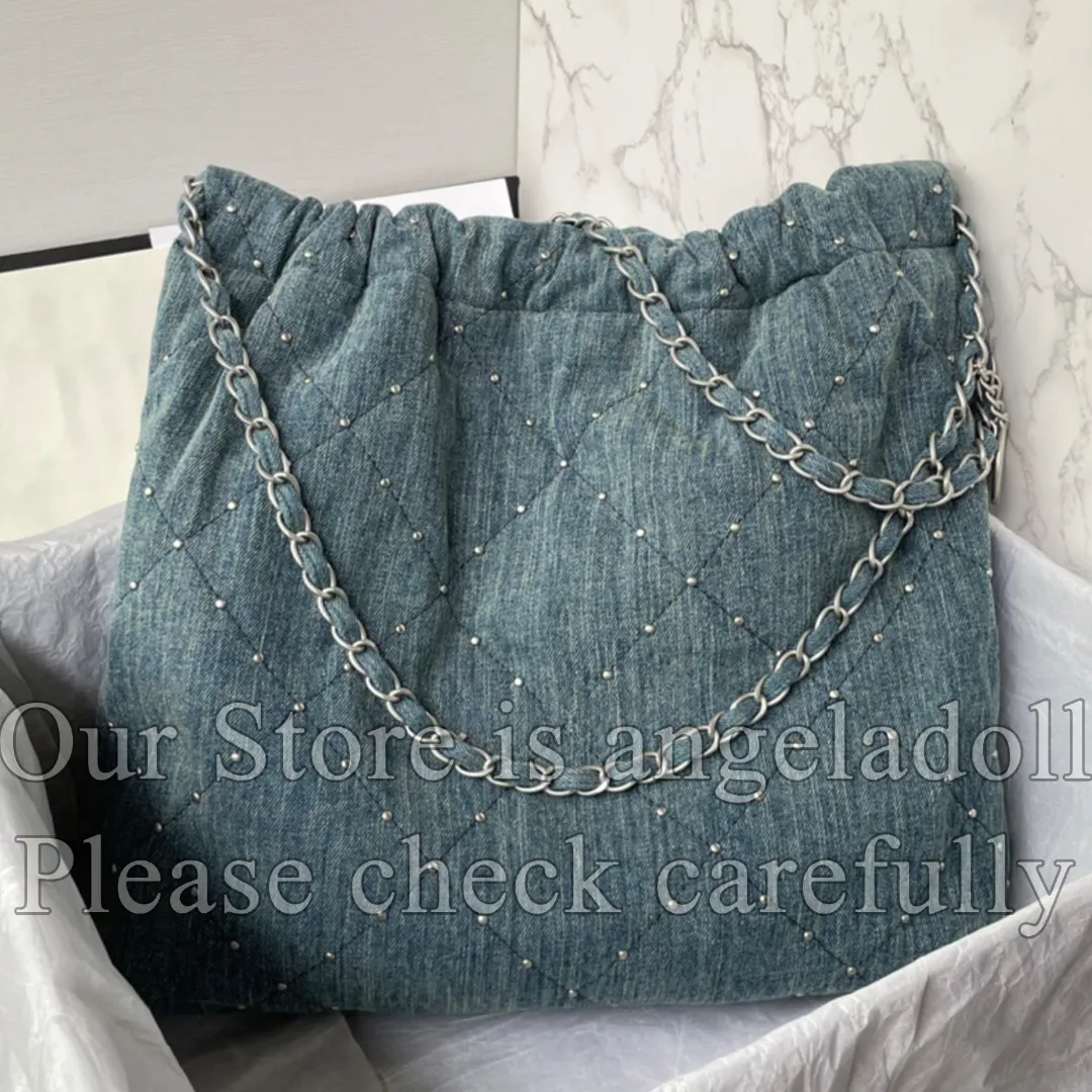 12A Mirror Quality Designer Denim Quilted Tote Bag Small Medium Rivet Shoppping Bag Womens Luxury Handbags Blue Purse Crossbody Composite Shoulder Silver Chain Bag