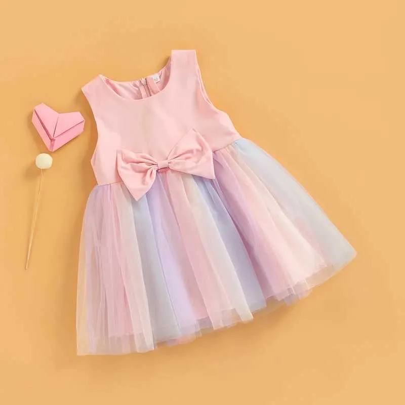 Girl's Dresses Toddler Kids Girls Princess Dress Sleeveless Bowknot Rainbow Color Tulle Tutu Dress Summer Birthday Party Pageant Dress