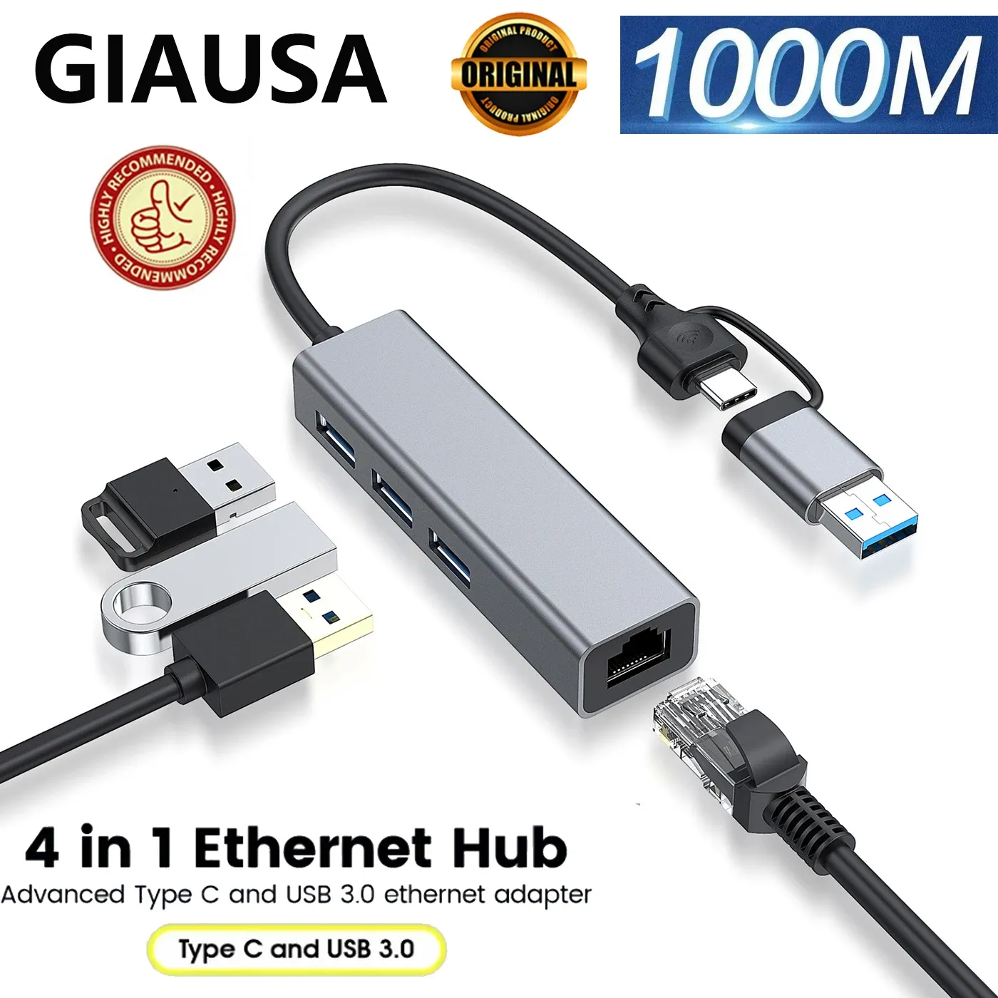 Hubs Giusa USB C Ethernet Adapter 1000Mbps Netwerkkaart USB3.0 HUB RJ45 LAN VOOR LAPTOP PC Lenovo Xiaomi Mi Box MacBook USBC Hub