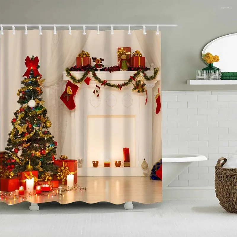 シャワーカーテンクリスマスツリーベルプリントカーテンドライとウェット分離バスルームパーティションの防水