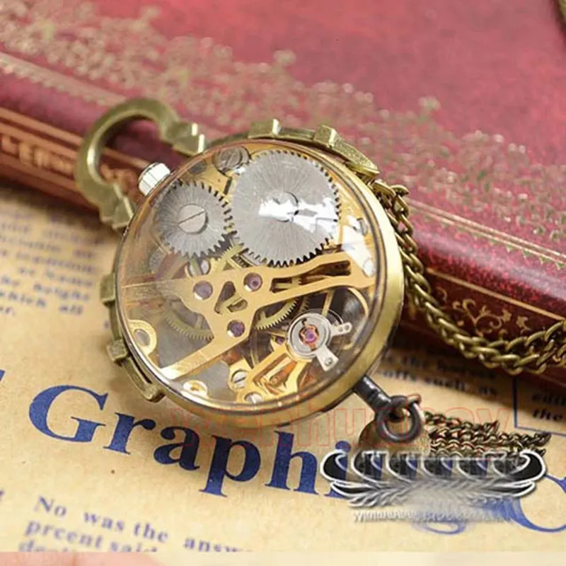 ヴィンテージ素敵な透明なローマ数字ガラスボールビーズ機械懐中時計ペンダントネックレスチェーンメン男性時計ギフト240327