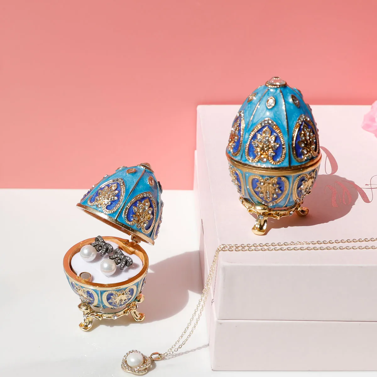 Vintage Blue Faberge Egg Trinket the lunch box - Hand