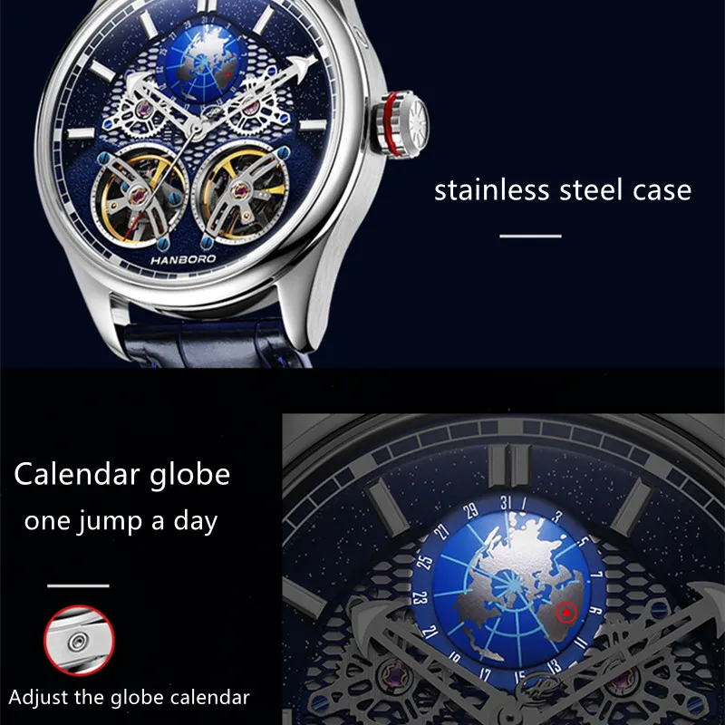 Hanboro Globe Watch Men Mécanicales de bracelet Mécanique Double vol de vol de moule Earth Sky Mens Top Brand 2022 TRENDY