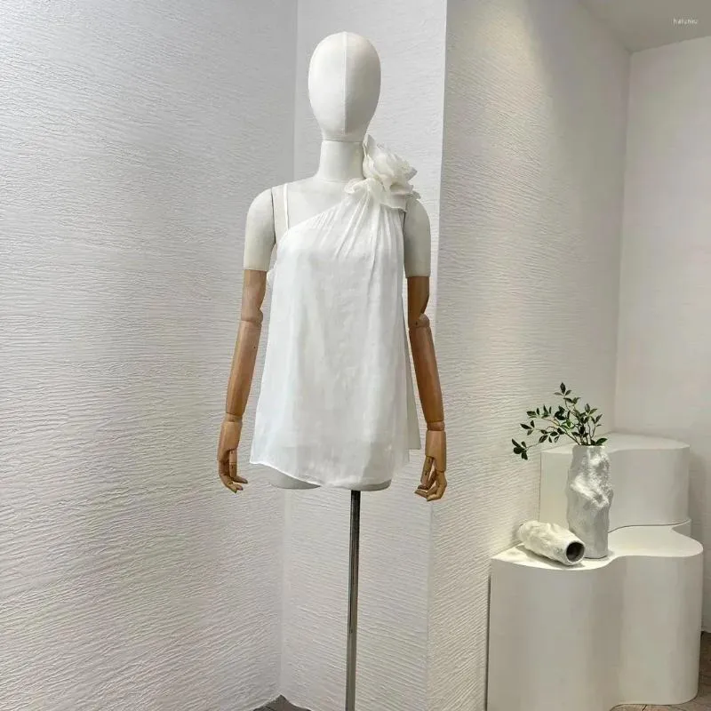 Women's Blouses Silk Linen High Quality White Flowers Blooming One Shoulder Women Blouse Tops 2024 Arrival Spring