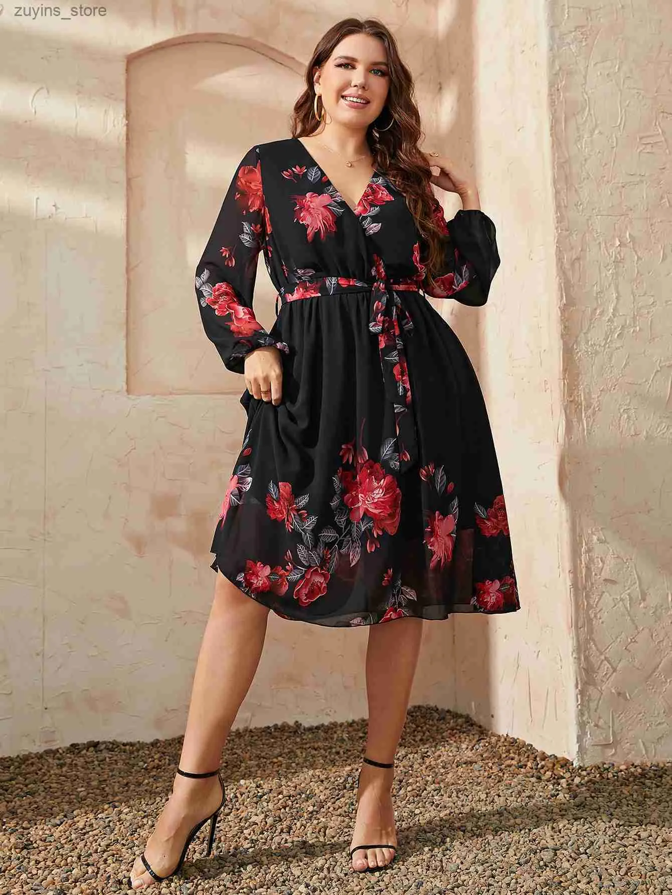 Basic Casual Kleider Chic Plus Size Blumendruck gegen Hals Midi Gürtramm Kleid Frauen lässige Kleidung Schwarze Langarmparty Elegante Vintage -Kleider L49