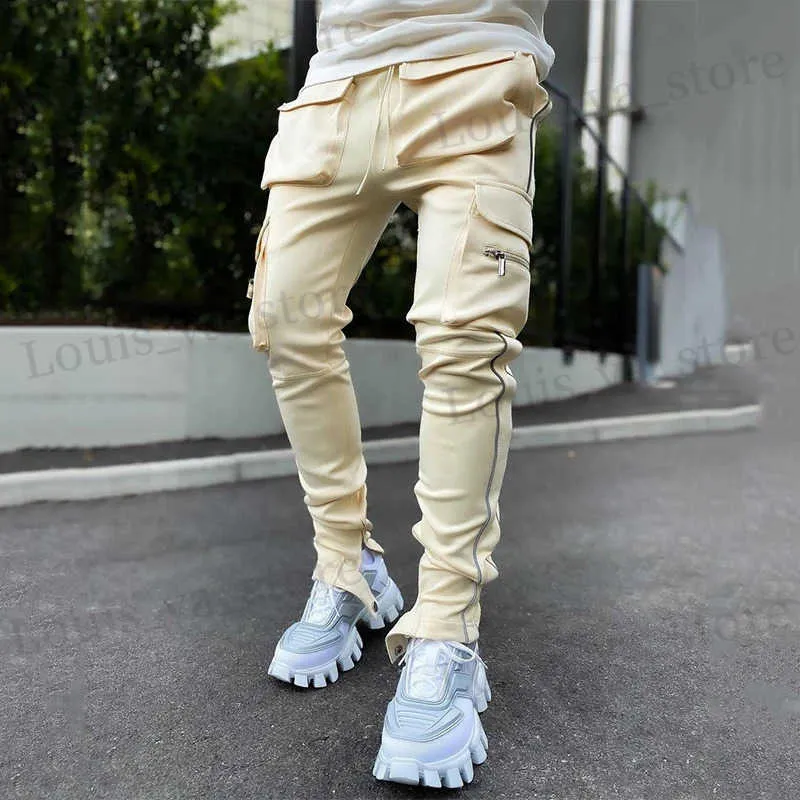 سروال الرجال على الطراز الأمريكي عالي السراويل الرجعية السراويل غير الرسمية السوستة جيب مستقيم الساقين الرياضة سروال أزياء البضائع T240411