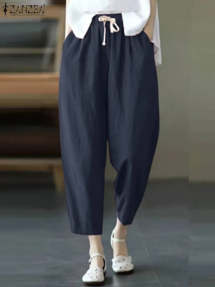 Zanzea Fashion Pants Kvinnor Vintage Elastic midja harembyxor Pantalon Elegant OL Work Capris Casual Cotton Long Pant 240411