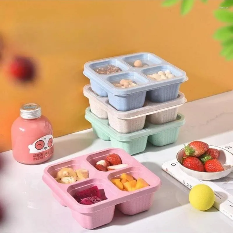 Bouteilles de rangement Diviseur carré Bento Bento Réutilisable à 4 compartiments Contaute de nourriture Nouts avec plateau de couvercle Blé Paille pour le déjeuner