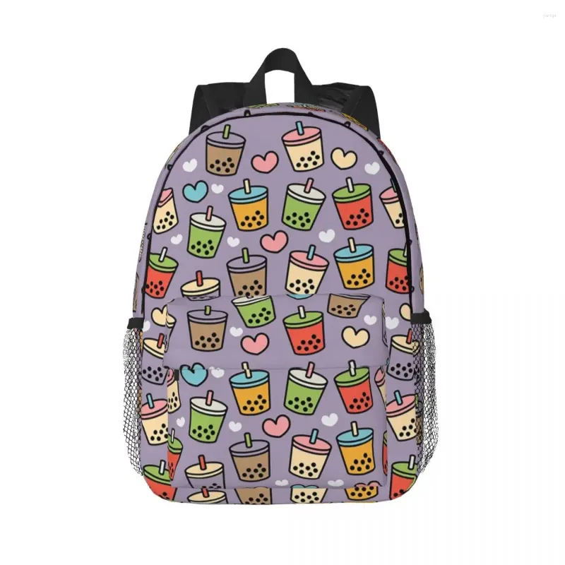 Mochila Backpack Bubble Tea Sabores e corações Padrão Mochilas Meninas Bookbag Casual Infantil Bolsas de ombro de mochila de viagem