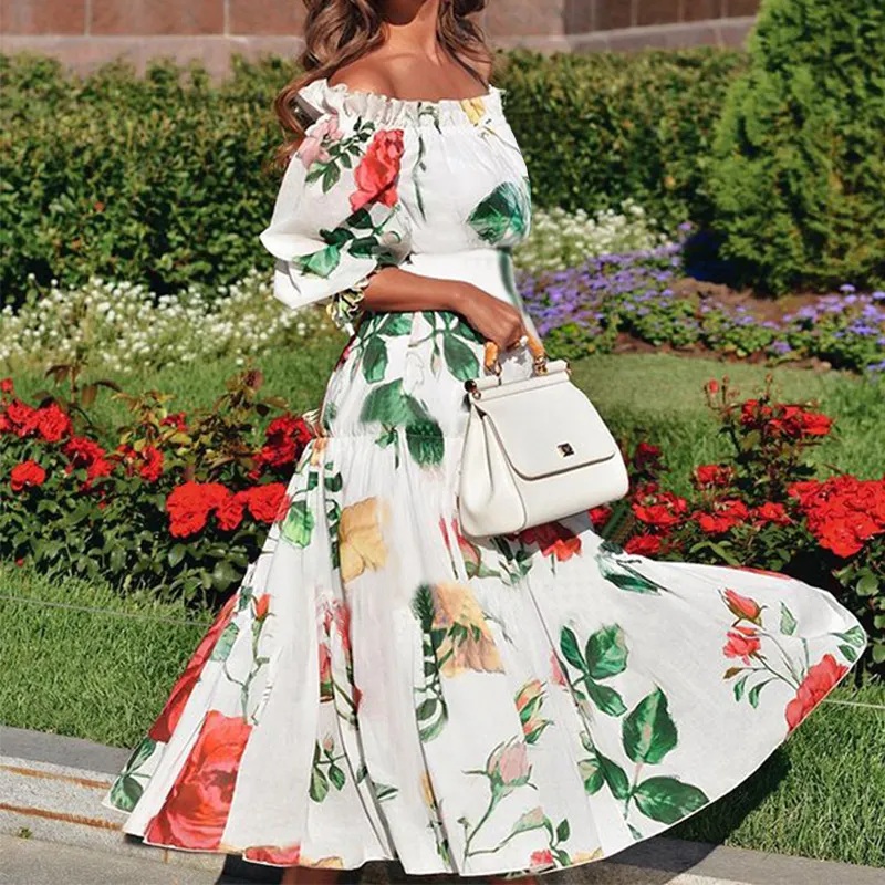 Elegant Off-Shoulder Floral Printed Long Dress for Women - Embrace Your Feminine Charm (AST58383)