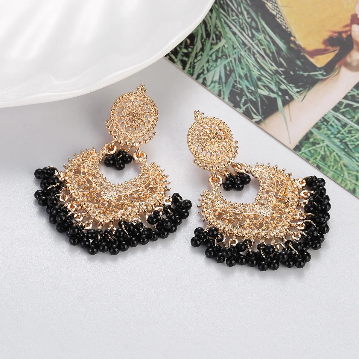 New Ethnic Gold Color Indian Jhumka Earrings for Women Pendient Heart Shape Beads Tassel Earring 2023 Vintage Brincos Jewelry