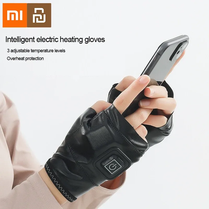 Pads Xiaomi Youpin Smart Heating Leather Gloves Winter Warm Fingerless Hand Wrist Rechargeable Wireless Heated Mittens Keep Warm