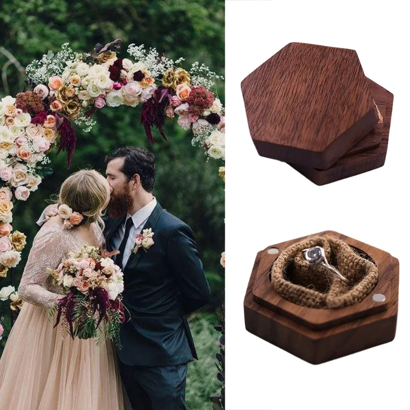 Wedding Ring Box Walnut Pair Ring Opslag Verpakking Geschenkdoos Zhexagon-vormige houten doos oorbuien oorbellen sieradendoos