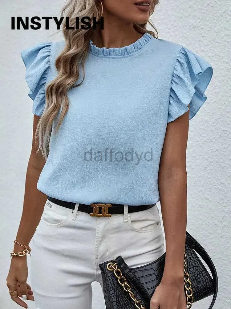 Women's Blouses Shirts Elegant Ruffles Sleeveless O Neck Loose Blouse Women Summer Casual Solid Shirt Office Lady Chic Simple Luxury Tops Streetwear 240411