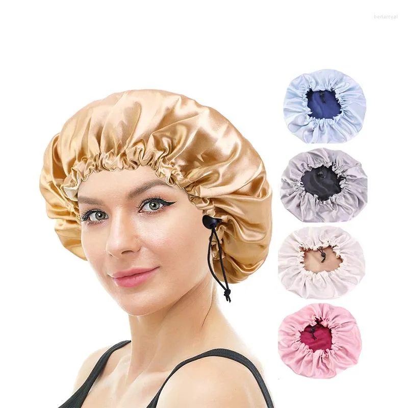 Bérets Femmes Solin réversible Bonnet en satin pour capuchon de cheveux bouclé Double couche Ajustement du sommeil Elastic Hairare Night