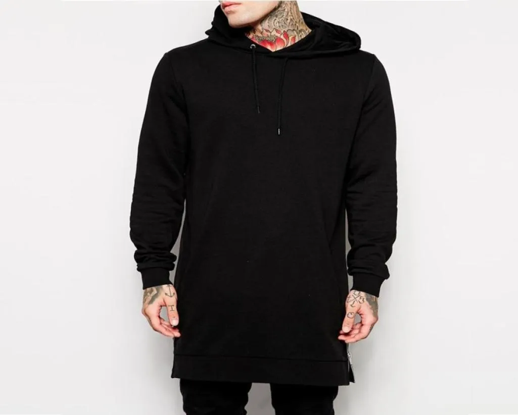 Män bomullsfasta tröjor svarta mens longline hoodies mode tall hoodie hip hop sido blixtlås streetwear extra lång hiphop8165730