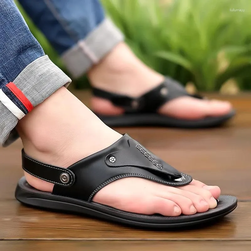 Sandalen Männer Outdoor Mode Leder Schuhe Sommer Herren atmungsaktive Hausschuhe schwarz schwarz