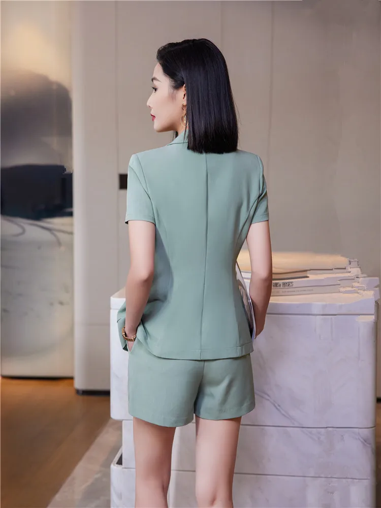 White Belted Shorts And Blazer Set Womens Elegant Short Sleeve