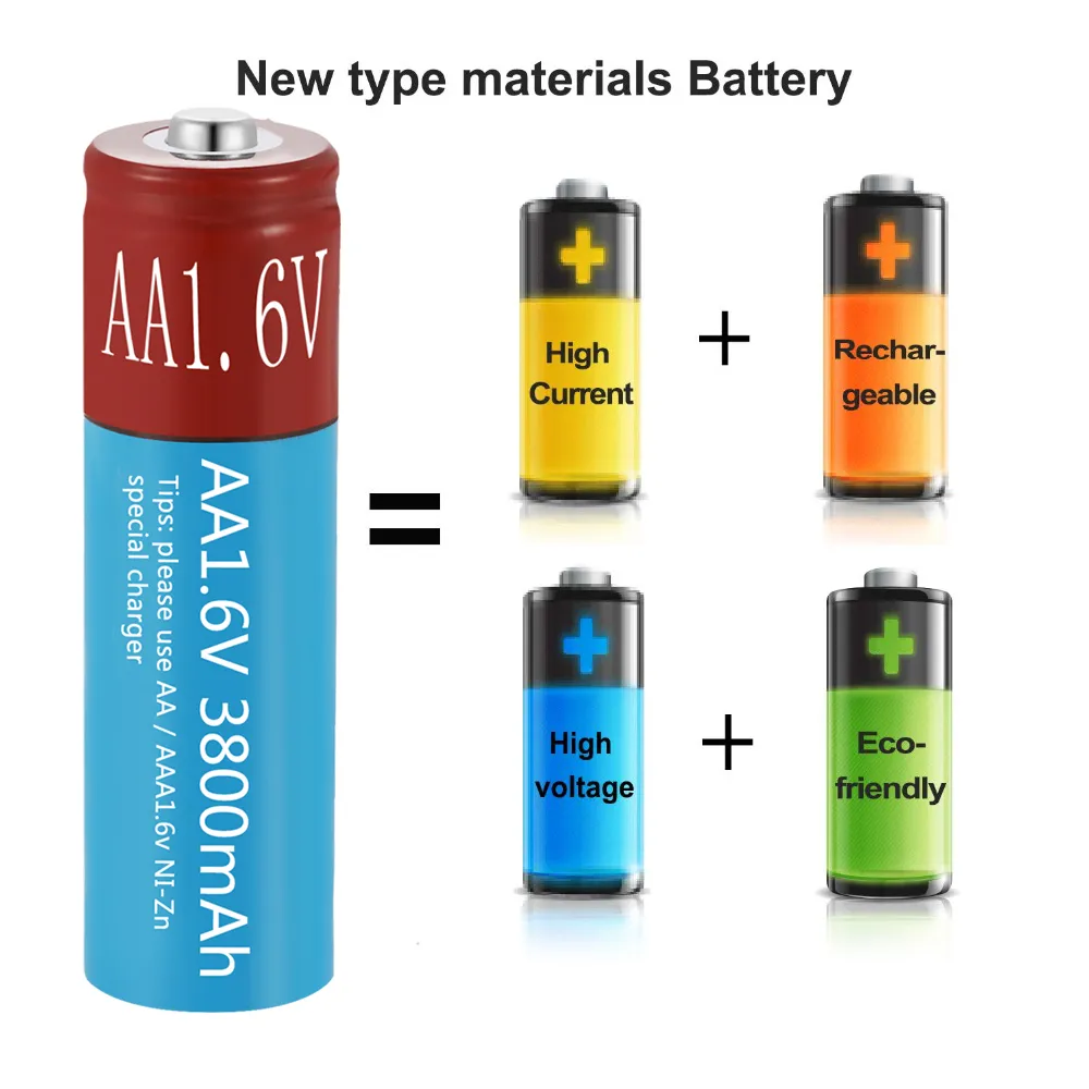 NiZn AA Rechargeable Batteries 3800mAh 1.6V for Toys MP3 Solar Lights Cameras RC Cars with Charger