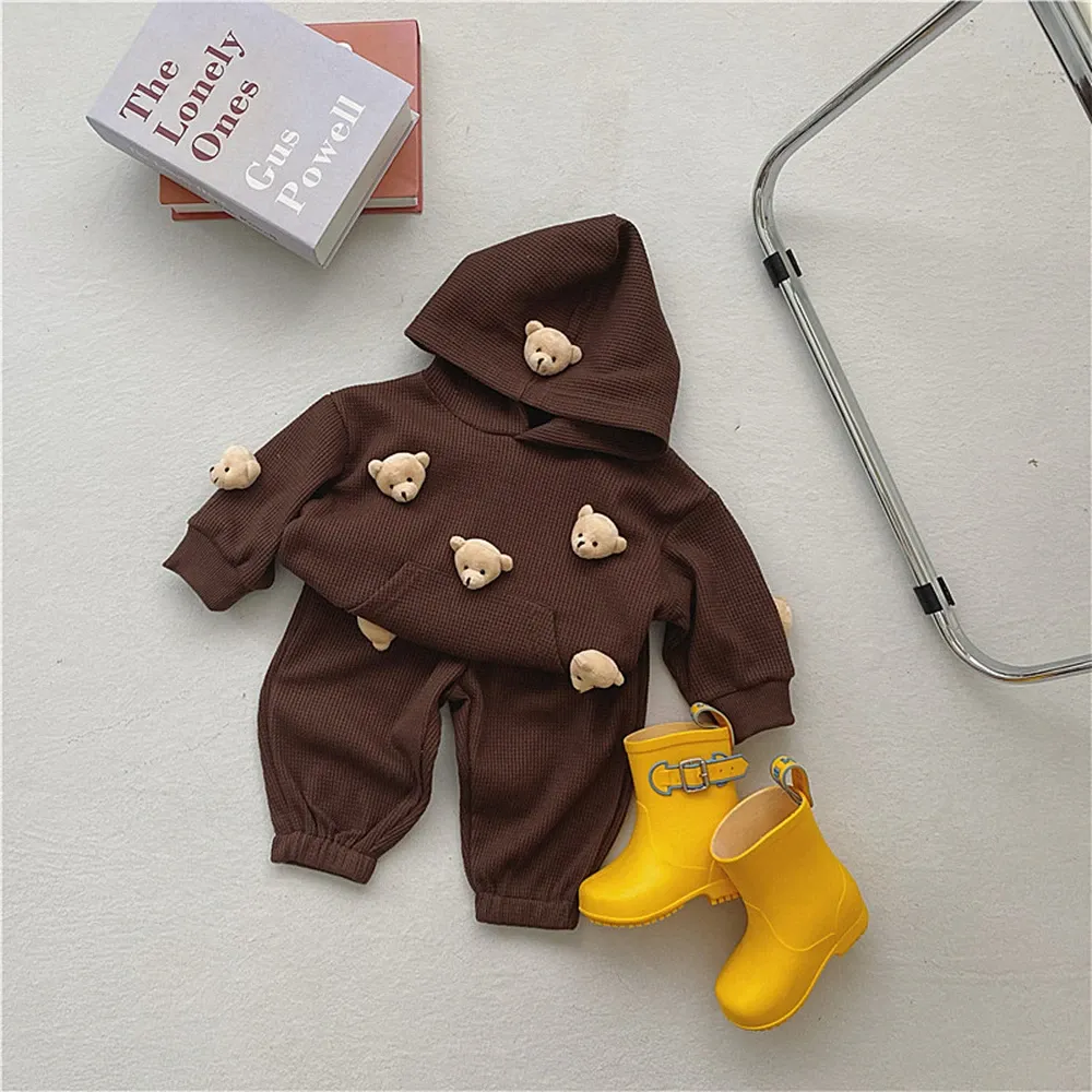 Pantalon 2022 NOUVEAUX BÉBÉ BÉBÉ BÉCHES Vêtements 3D Bear Waffle Cotton Sweat à capuche + Pantalon complet 2 PCS Girls Sweatshirts Suit Tentime