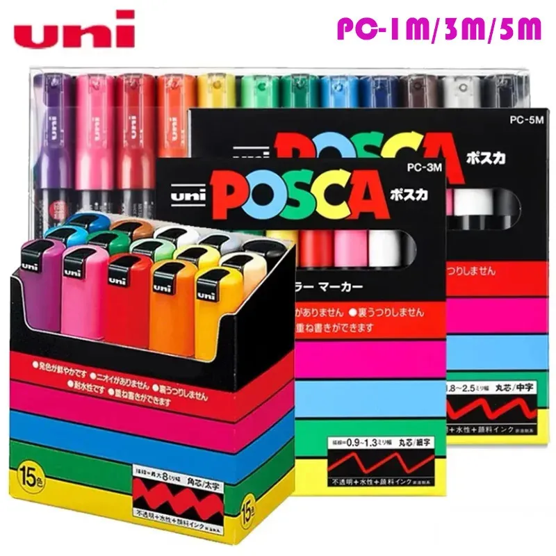 Japão Uni Baseado em água Posca Pintura de caneta Pintura de caneta Graffiti POP POSTER PUNDIDADE PEN PEN PC-1M/3M/5M 78/12/15 Conjunto de cores 240328