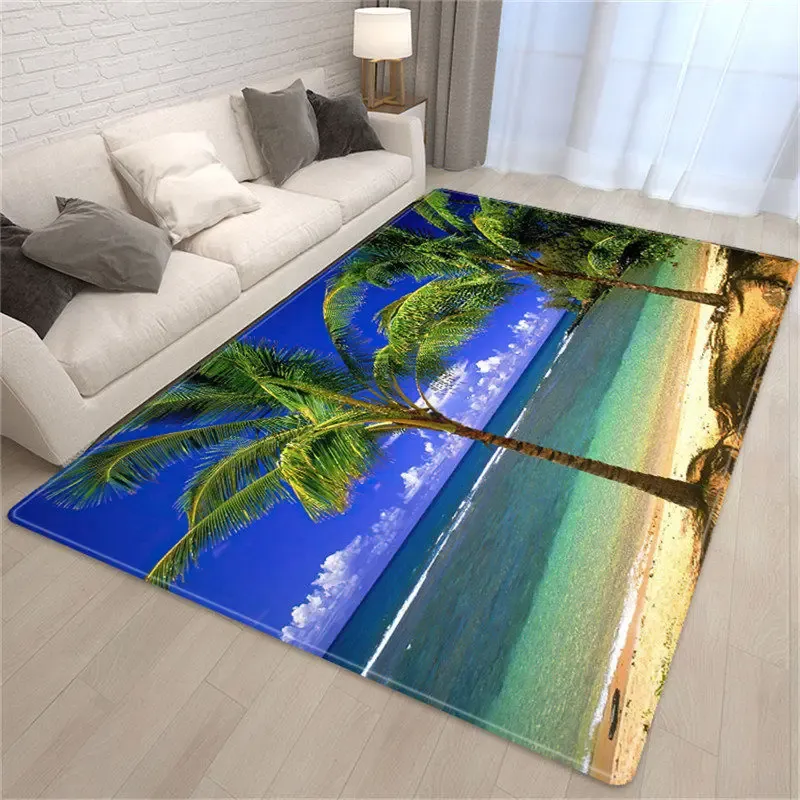 Palm Tree Sea Beach 3D Tapijt Living Room Sofa Tapje Tapijt Soft Sponge Slaapkamer Bed Tapijt Dining Tapijt Tapijt voor baddecoratie