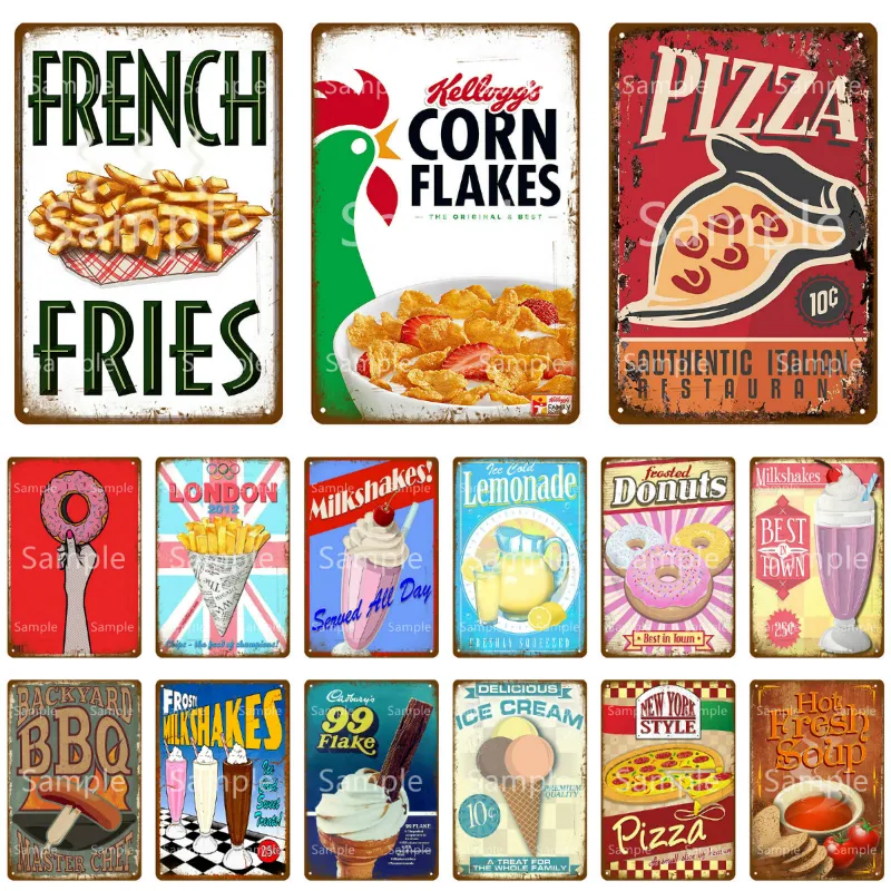 Food Metal Tin Sign Plakat pączki Francuskie frytki pizza vintage ogrodowe talerze ścienne talerze kuchenne kuchnia restauracja