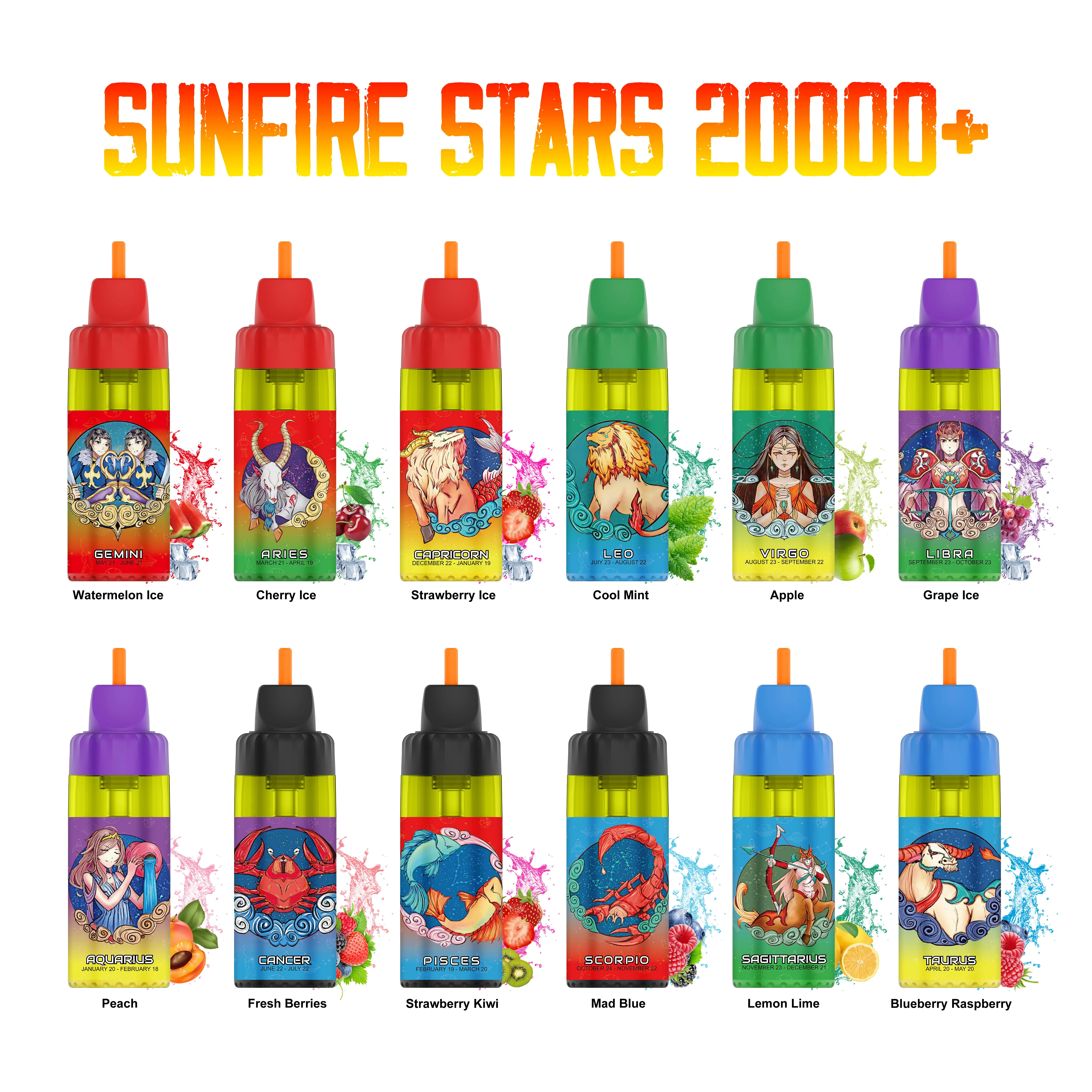 SUNFIRE 20000 Puffs Pièmes de vape jetable 0,6 ohm épais de fumée épaisse du flux d'air réglable Vape DTL SHISHA 15000 15K 20K Puffes Cookah Pen EU Legal au Royaume-Uni populaire