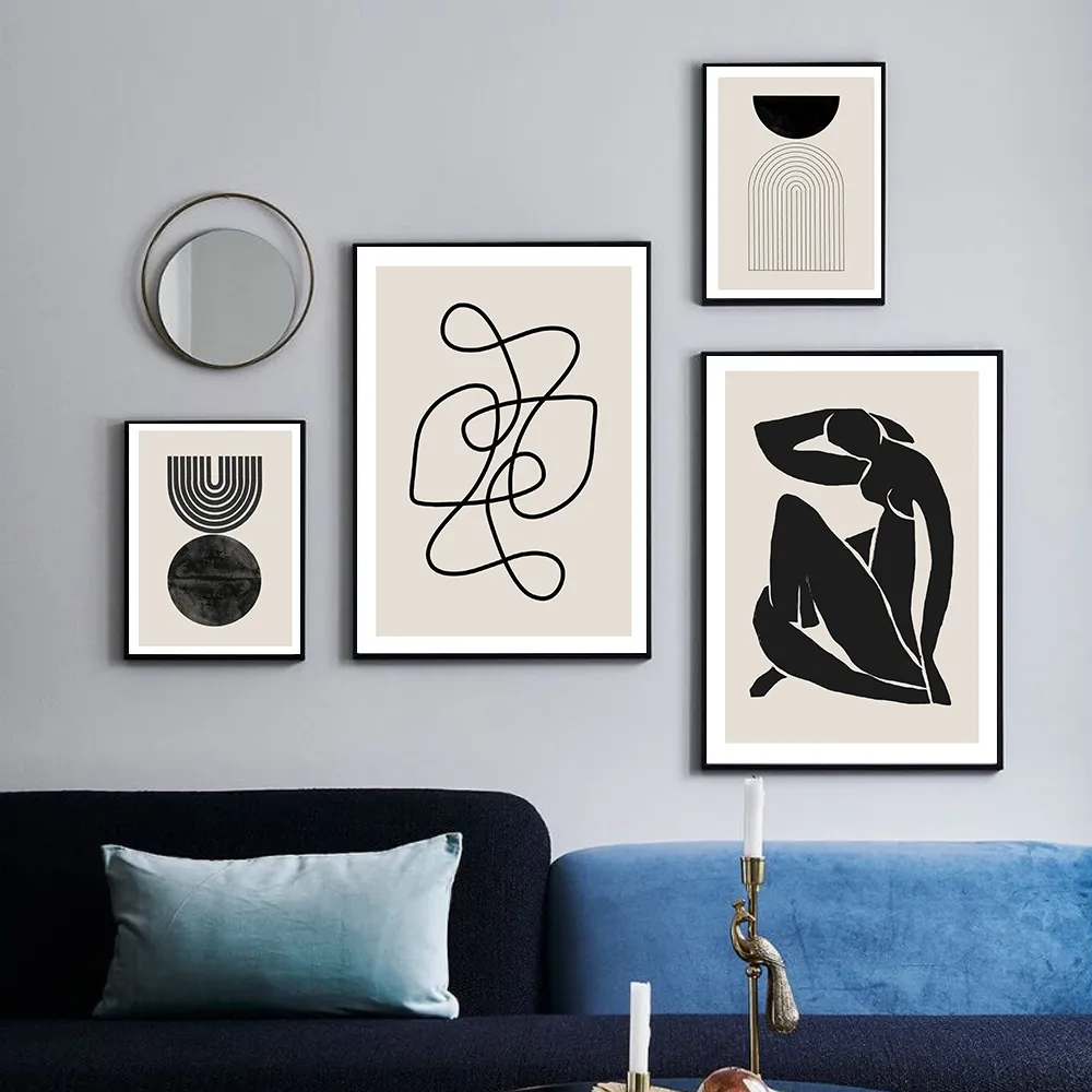 Abstrakte Matisse Körperlinie Kunst Sonne Boho Poster Schwarz Beige Leinwand Gemälde Wanddruck Bild Wohnzimmer Innenheimdekoration