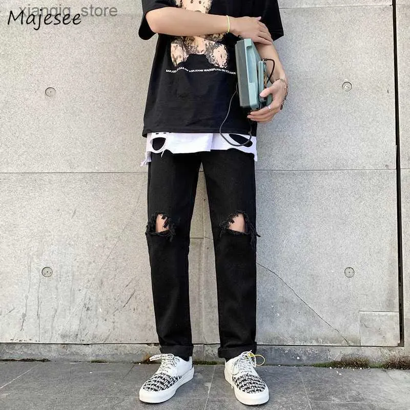 Jeans de jeans para hombres Men Black Denim Holers Ins Hip-Pop Harajuku Vintage Vintage Outwear Straight Outwear Slim Slim High Street Trendy L49