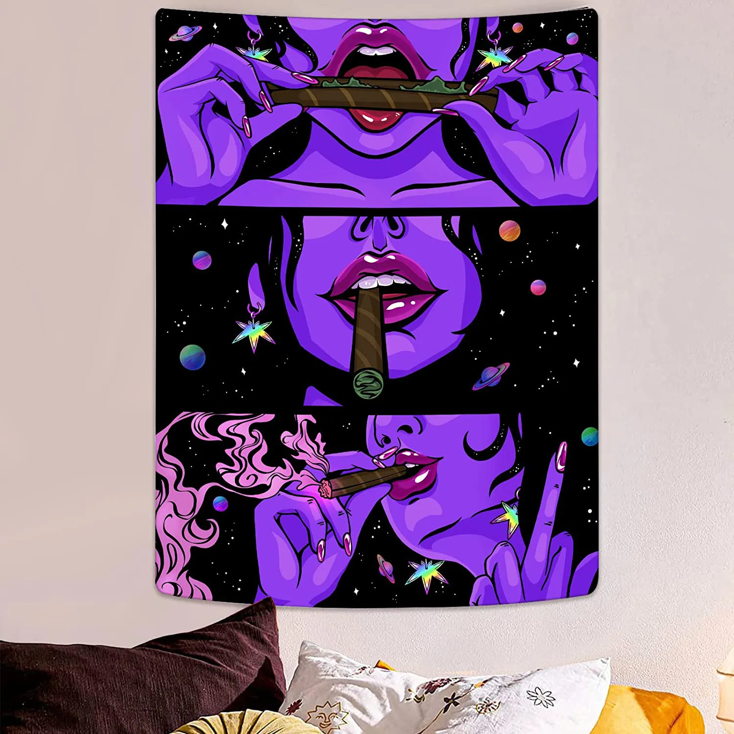 Parede de tapeçaria trippy pendurada garota legal hippie tapeçarias boho sala estética decoração fofa anime anime psicodélico fundo mural