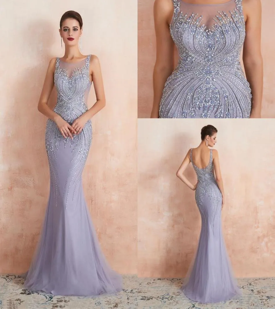 Lavanda Major Crystal Minded Mermaid Dress Vestido de noite elegante e longo vestido de baile de luxo do pescoço de pescoço de piso especial ocasião