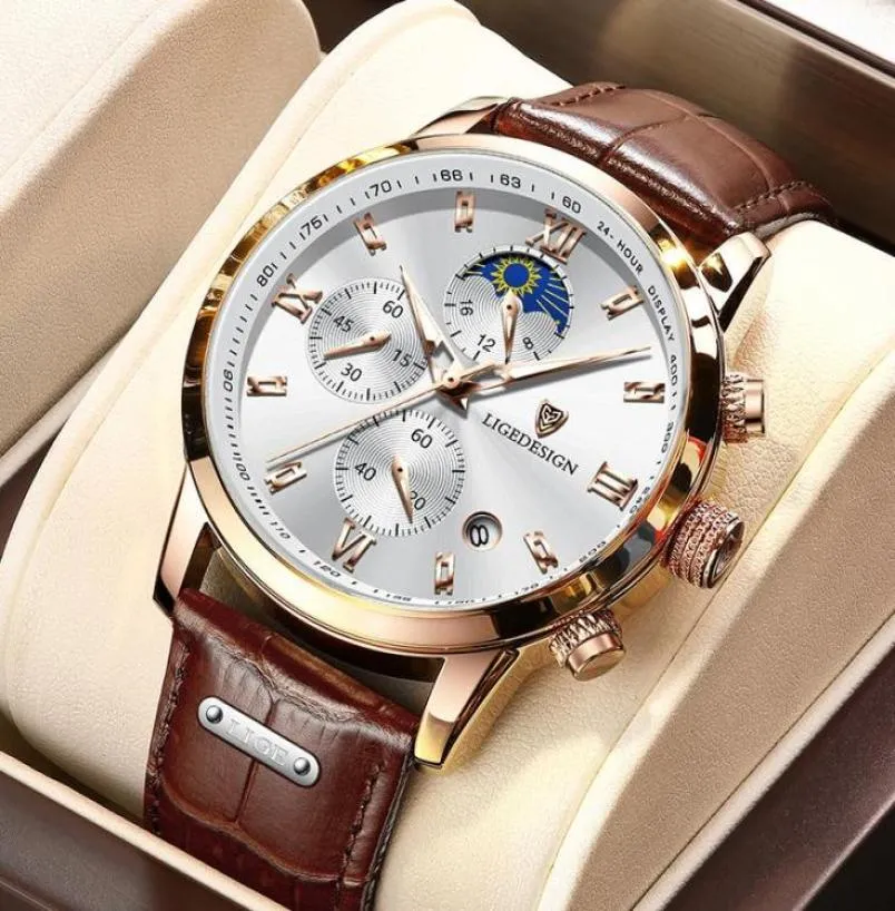 Montre-bracelets LIGE Brown Leather Watch Men Top Business Sport Sport Imperpose Chronographe Quartz Montres de poignet pour 7727494