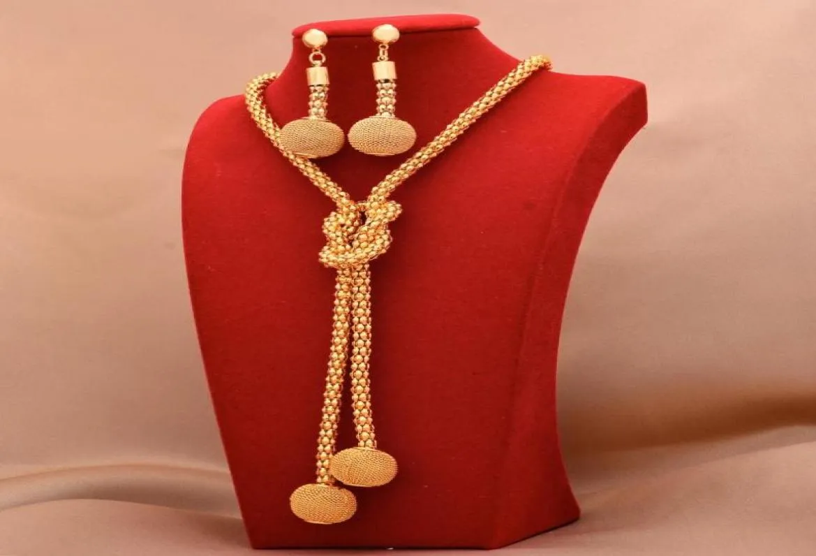 Collier de boucles d'oreilles 24k Ensembles de bijoux en plaque d'or africain pour femmes anneau de perle Dubaï Cadeaux de mariée Collares Bijoux Set1891208