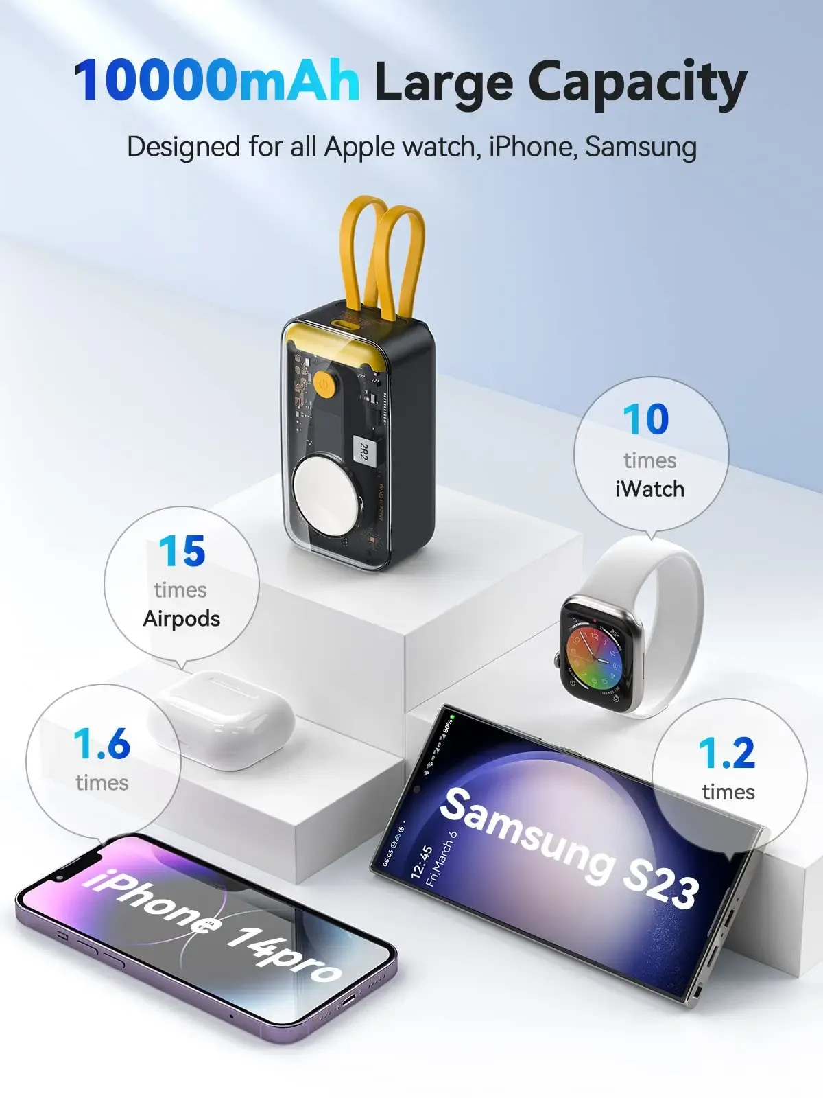Apple Watch用Newdery Power Bankポータブル充電器、iPhone、Samsung、Huawei、Type-Cミニ外部バッテリー10000MAHビルトインケーブル
