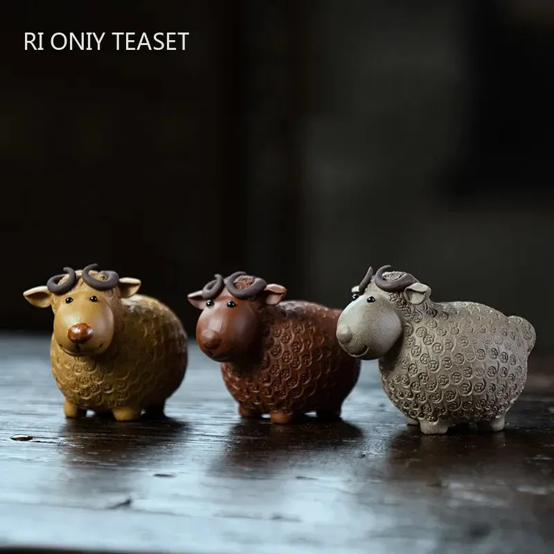 Boutique Purple Clay Sheep Statue Tea Pet Lucky Figurine Ornament Handmade Sculpture Crafts Home Set Decoration Art 240411