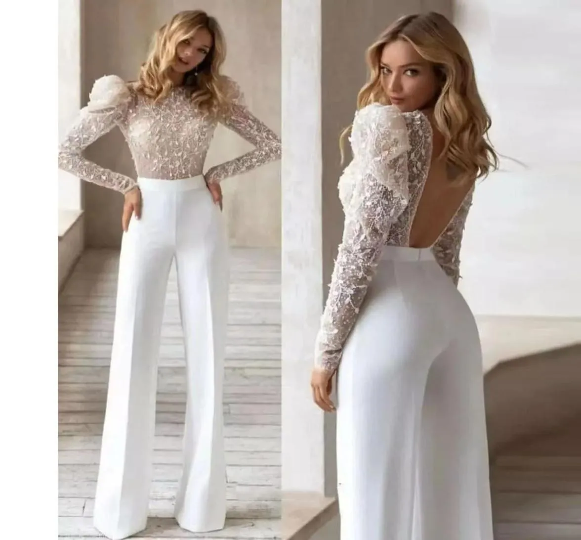 White Wedding Dress Jumpsuit For Women Backless Pants Set For Brides Sparkle Long Sleeve Bridal Dresses Robe Party Vestido De Novi9145655