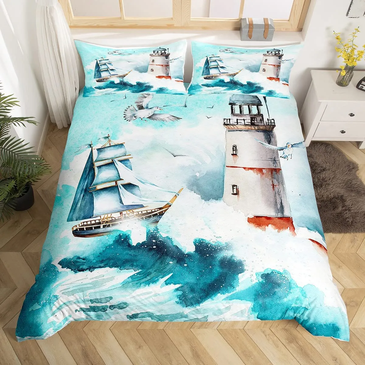 Black Ship Anchor Queen Size Cotton Pillow Cover – Nautical Coastal Decor