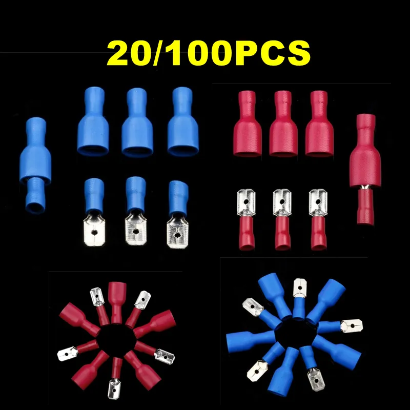 20/100Pcs Red/Blue Insulated Spade Male&Female Crimp Terminals Wire Cable Connector Assorted Kit