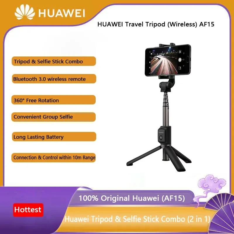 Monopods Huawei Travel Tripod Tripod Wireless Bluetooth Tripod Selfie Stick Combo Girar livremente em 360 ° AF15 Monopod para iOS/Android Phone