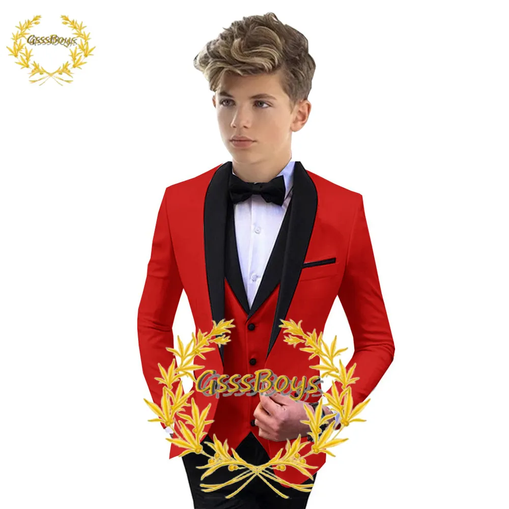 Kostym för pojkar röda jacka byxor väst bröllop smoking 3 stycke barn blazer set fest sjal krage kläder