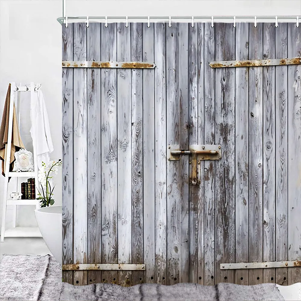 Farmhouse Shower Curtain Set Rustic Shower Curtain for Bathroom Barn Door Wood Farm Bath Curtains Country Wooden Bathroom Decor