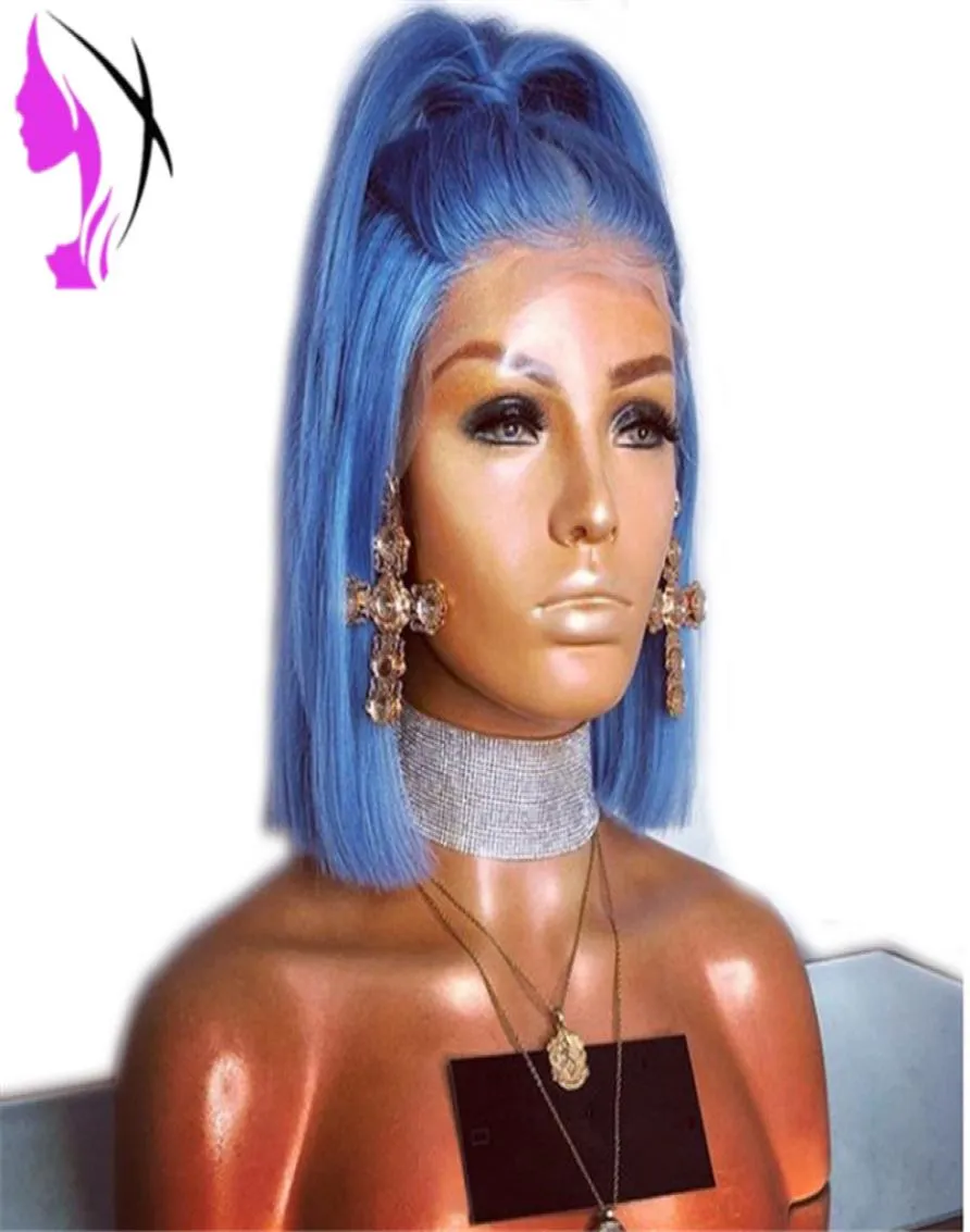 14 pouces SIMULATION DROIT HEUR HUMAN SYNTHETIC LACE LACE FRANT WIG 180 DENSITÉ BOB WIG BLUE WIG RESPIRANT RÉSISTANT COURT