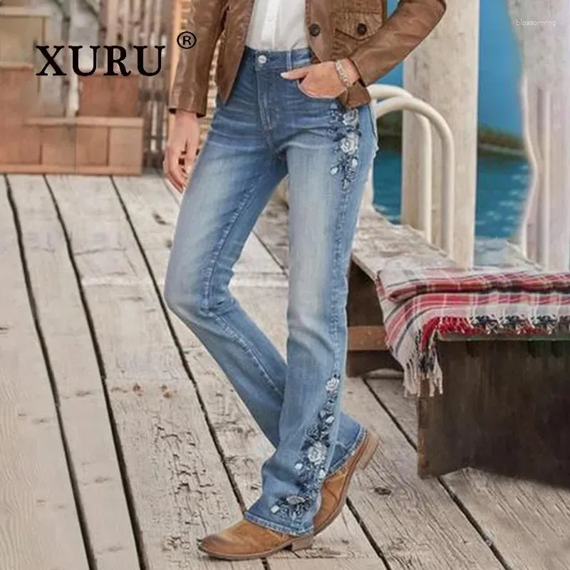 JEANS WOMENS XURU - Europejskie i amerykańskie spodni z wysokim talią haftowane dla kobiet Slim Fit Denim K1-1109