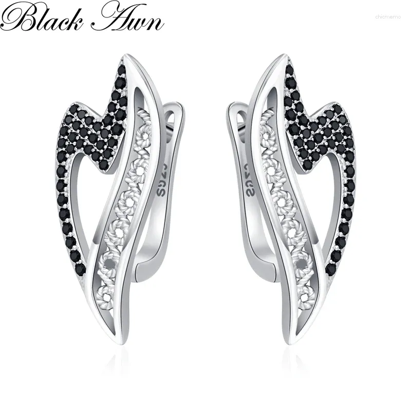 Boucles d'oreilles cerceaux noirs Awn 2024 Heart for Women Classic Silver Color Trendy Spinel Engagement Fashion Jewelry I278