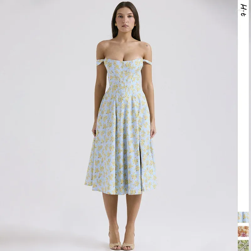 Casual Dresses Floral Print Dress For Women French Fashion Suspender Backless Slim Waist Mid Length Split Polyester Fibre 2024 Summer