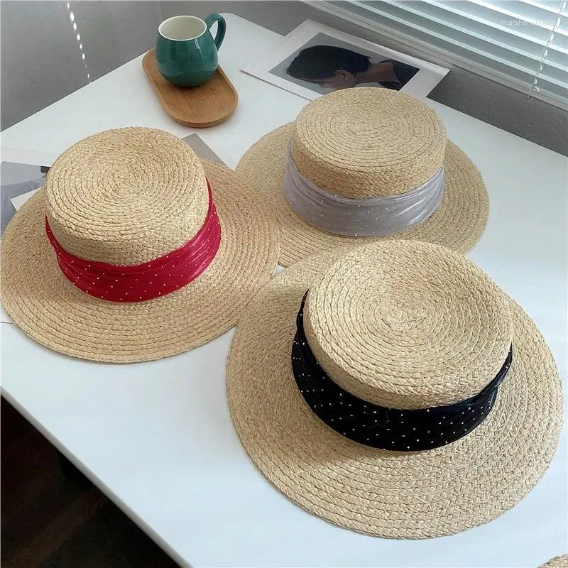 Breite Krempelnhüte Hut Elegante Frauen Stroh Sun Natural Raffia Panama Flattop Strand Sommer Chapeau Sombrero Mujer Playa